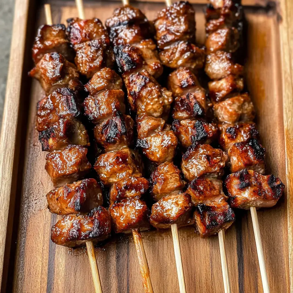 Grilled meat skewers, glistening with a savory glaze, are arranged neatly on a wooden platter.