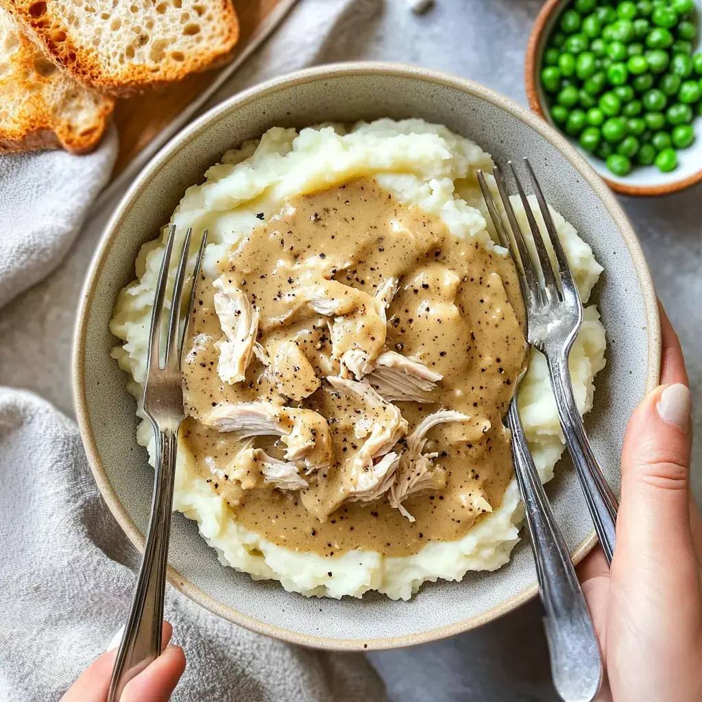 A bowl of creamy mashed potatoes topped with shredded chicken and gravy, accompanied by a side of green peas and slices of bread.