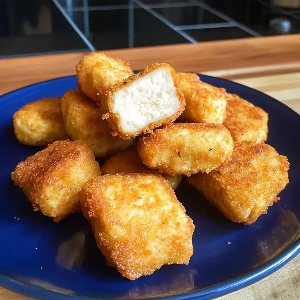 A plate of golden-brown, crispy chicken nuggets piled high with one nugget cut in half to show the inside.