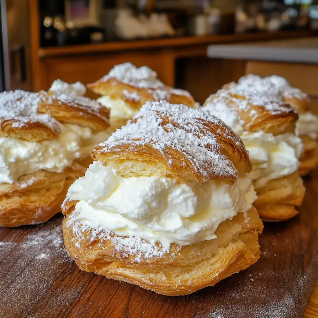 A close-up of fluffy cream-filled pastries dusted with powdered sugar on a wooden surface.