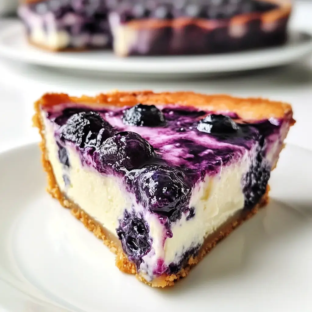 A slice of blueberry cheesecake on a white plate with a creamy filling and a golden crust, topped with fresh blueberries and a glossy berry layer.