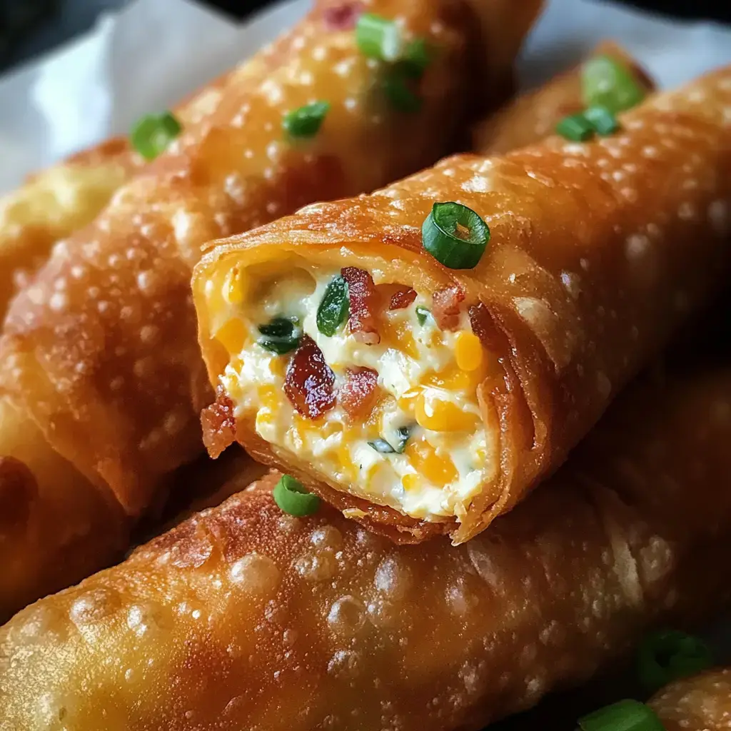 A close-up of crispy, golden-brown egg rolls filled with a creamy mixture of cheese, bacon, and green onions.