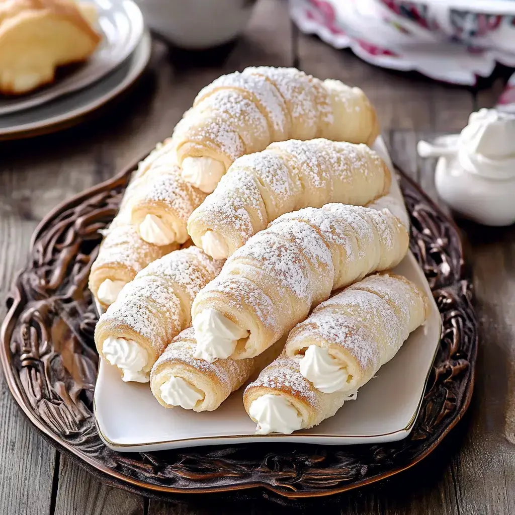 A plate of cream-filled pastry rolls dusted with powdered sugar.