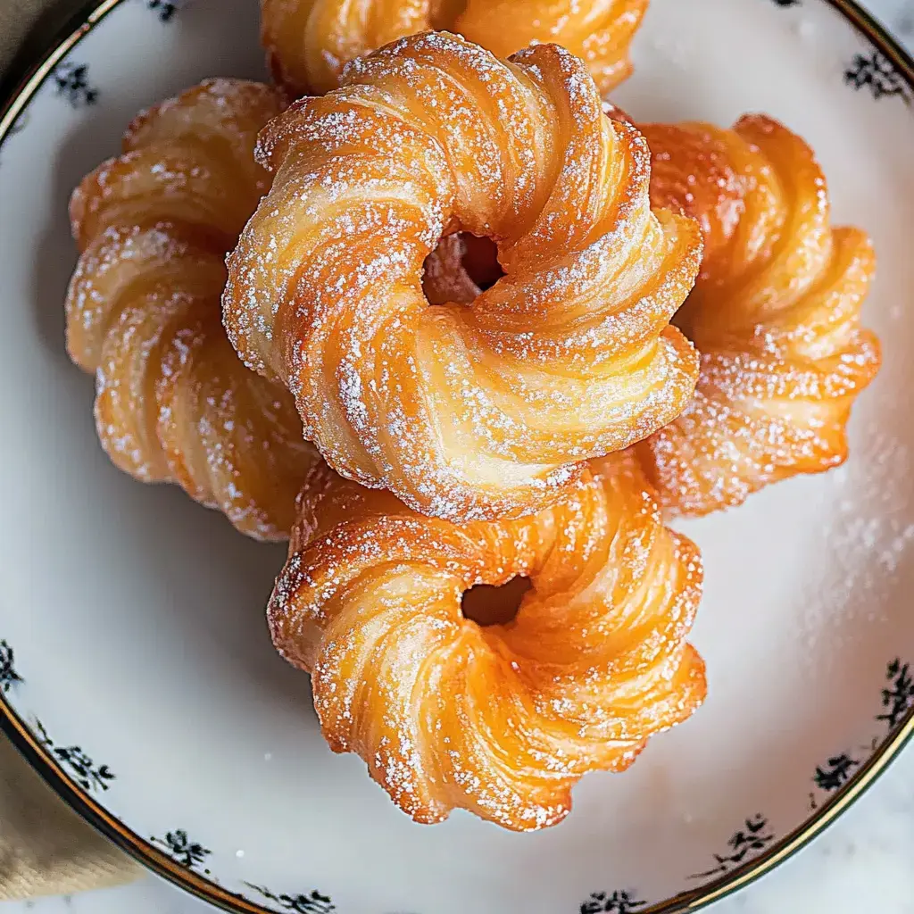 A plate of golden, flaky pastries shaped like small doughnuts and dusted with powdered sugar.