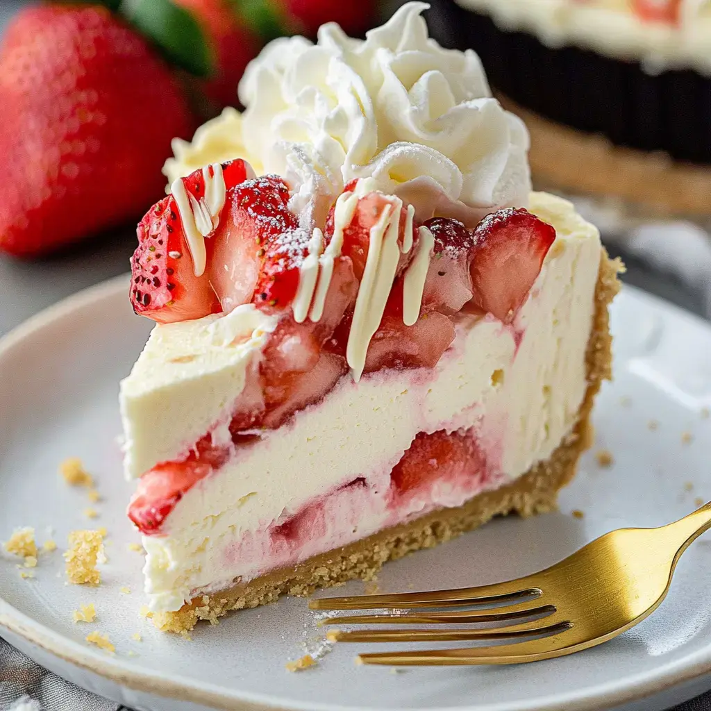 A slice of creamy strawberry cheesecake topped with whipped cream and fresh strawberries on a plate, accompanied by a gold fork.