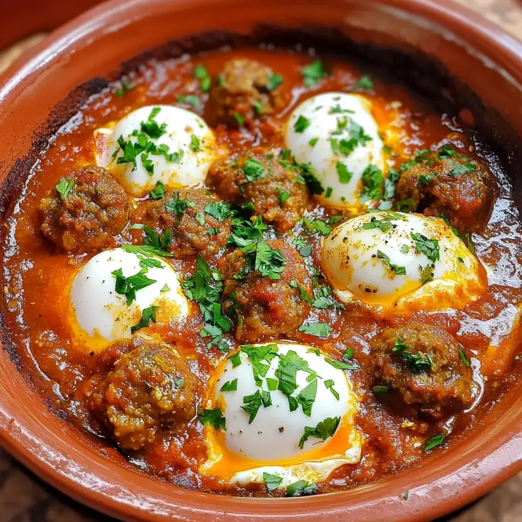 A bowl of meatballs and poached eggs in a flavorful tomato sauce, garnished with fresh chopped herbs.