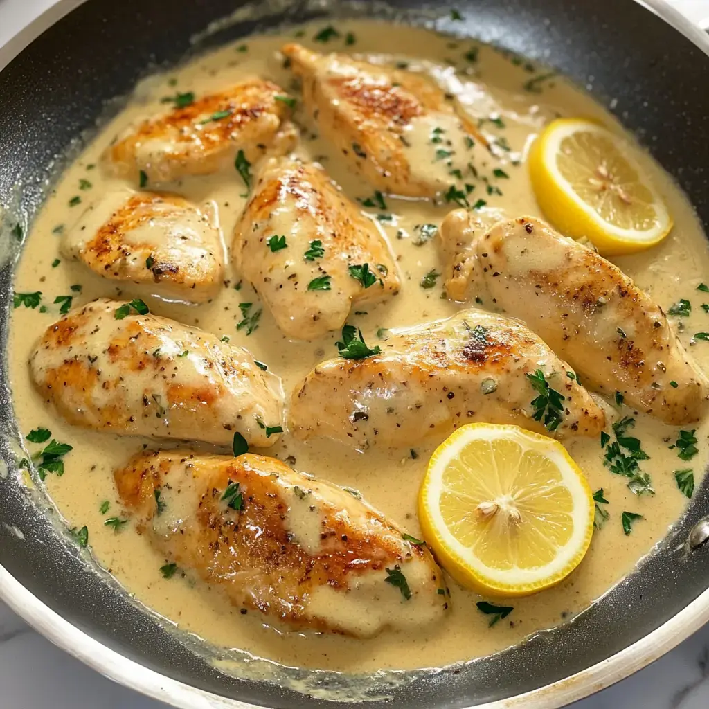 A skillet filled with chicken breasts cooked in a creamy sauce, garnished with parsley and lemon slices.