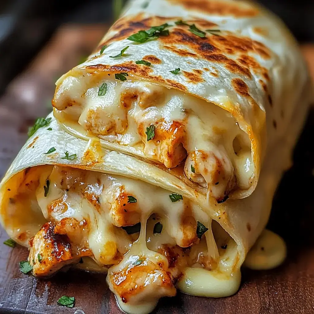 A close-up of two overlapping grilled chicken and cheese burritos, garnished with chopped parsley.