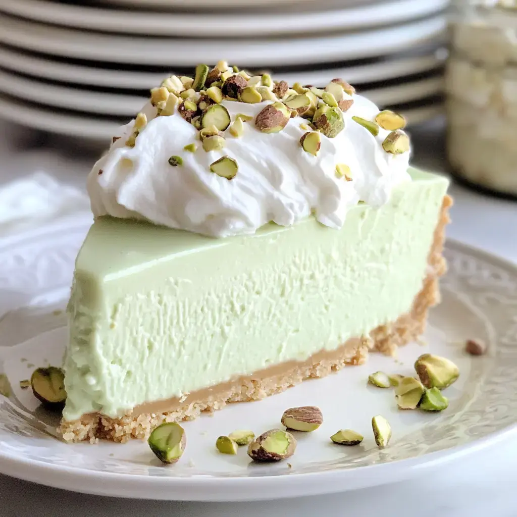 A slice of green pistachio cream pie topped with whipped cream and chopped pistachios on a decorative plate.