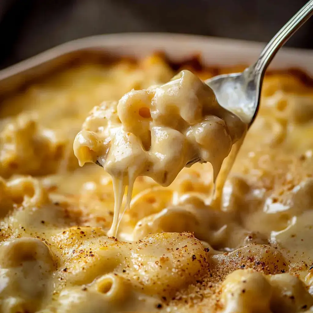 A close-up of a spoon lifting creamy, cheesy macaroni and cheese from a baking dish, with strings of melted cheese stretching from the spoon.