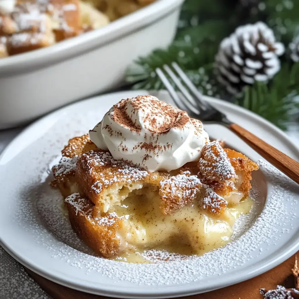 A slice of baked dessert topped with whipped cream and dusted with powdered sugar is served on a white plate, with a rustic wooden fork and holiday decorations in the background.