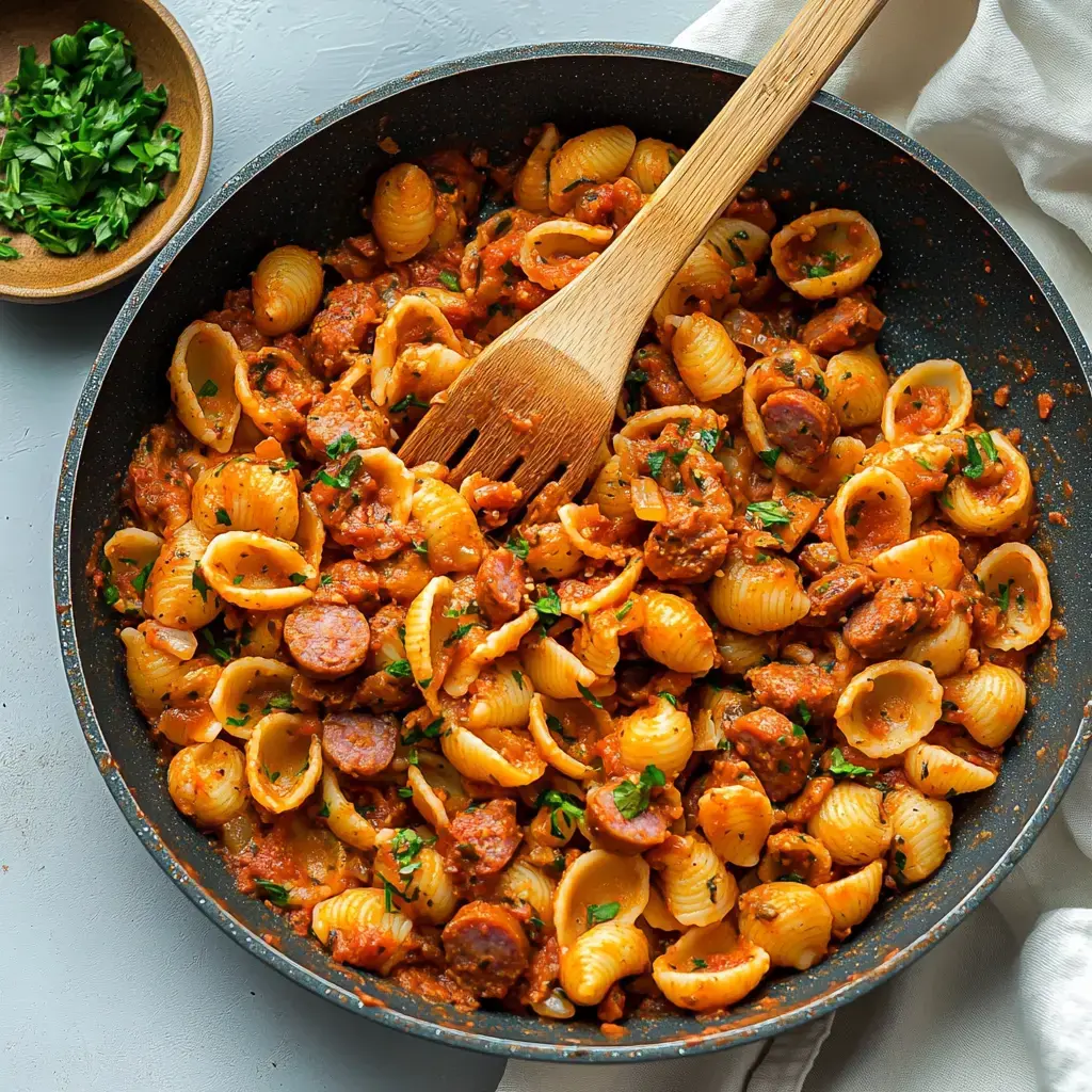 A skillet filled with pasta shells mixed with sausage and topped with chopped parsley, accompanied by a bowl of fresh herbs.