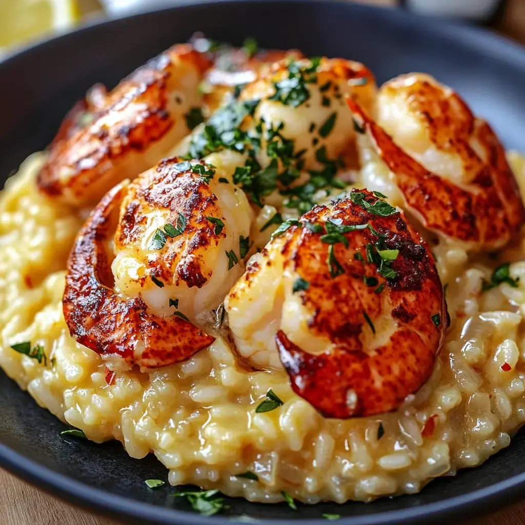 A close-up of creamy risotto topped with golden-browned shrimp and garnished with chopped parsley.