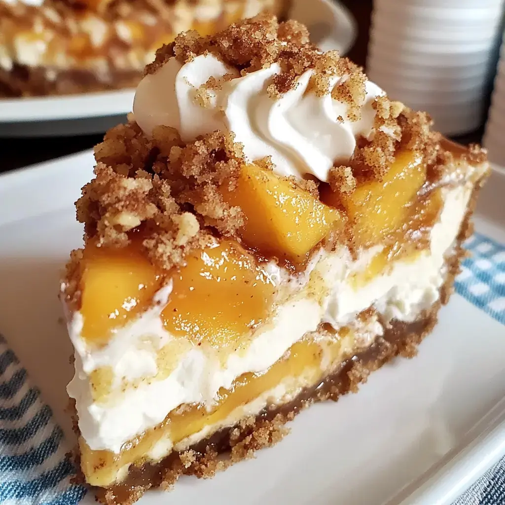 A slice of creamy peach dessert topped with whipped cream and crumbled topping on a plate.