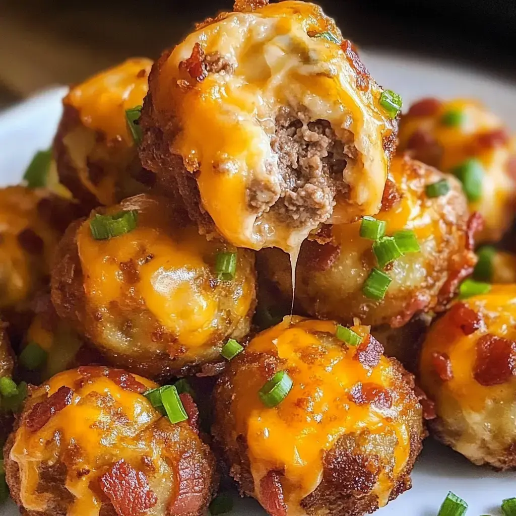 A close-up image of cheesy meatballs topped with green onions, showcasing one meatball cut in half to reveal a gooey cheese and ground meat filling.