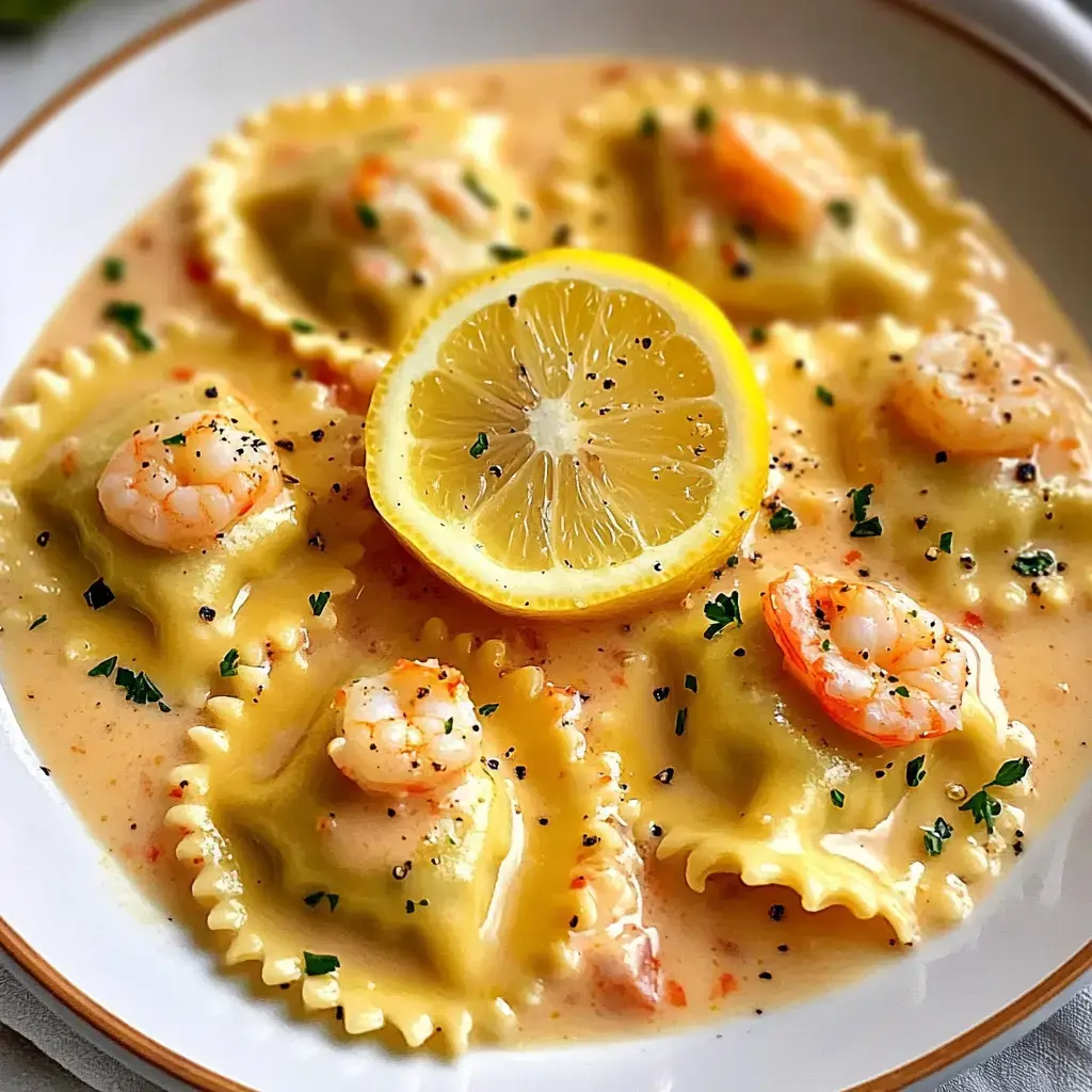 A plate of ravioli in a creamy sauce topped with shrimp and garnished with a slice of lemon.