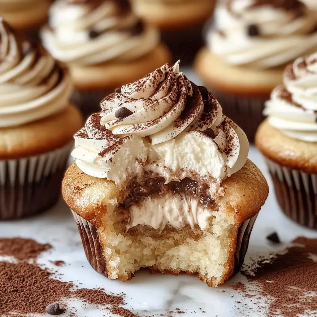 A close-up of a cupcake with a swirl of frosting on top, revealing a creamy filling inside and dusted with cocoa powder.