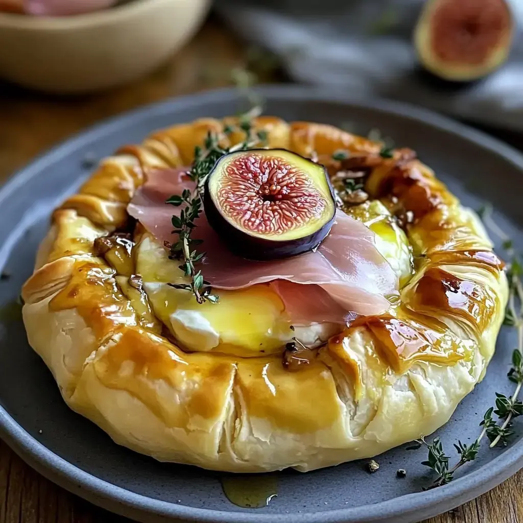 A savory pastry topped with sliced fig, prosciutto, and fresh thyme, drizzled with a glossy glaze on a plate.