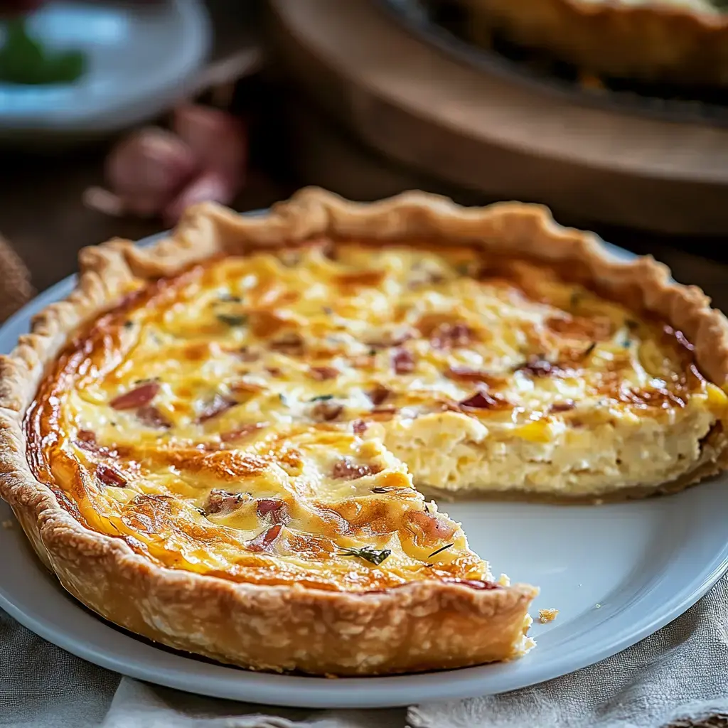 A freshly baked quiche with a golden crust and a slice cut out, revealing a creamy filling with pieces of ham and herbs.