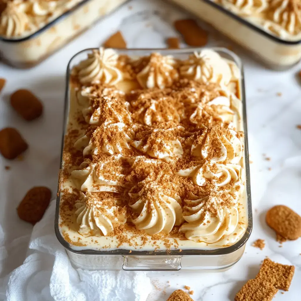 A glass dish filled with creamy dessert topped with swirls of whipped cream and sprinkled with crushed cookies, surrounded by whole cookies on a white surface.