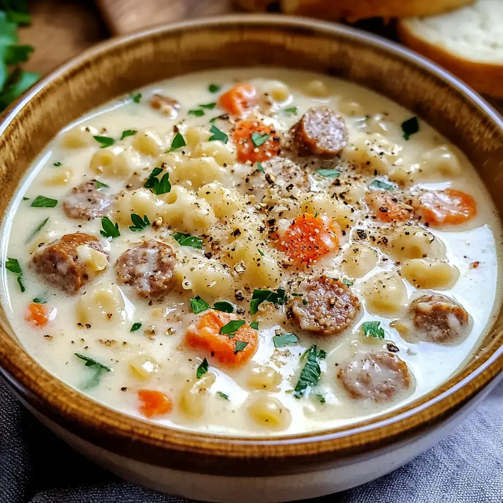 A bowl of creamy soup with sausage, pasta, carrots, and sprinkled parsley, served alongside slices of bread.