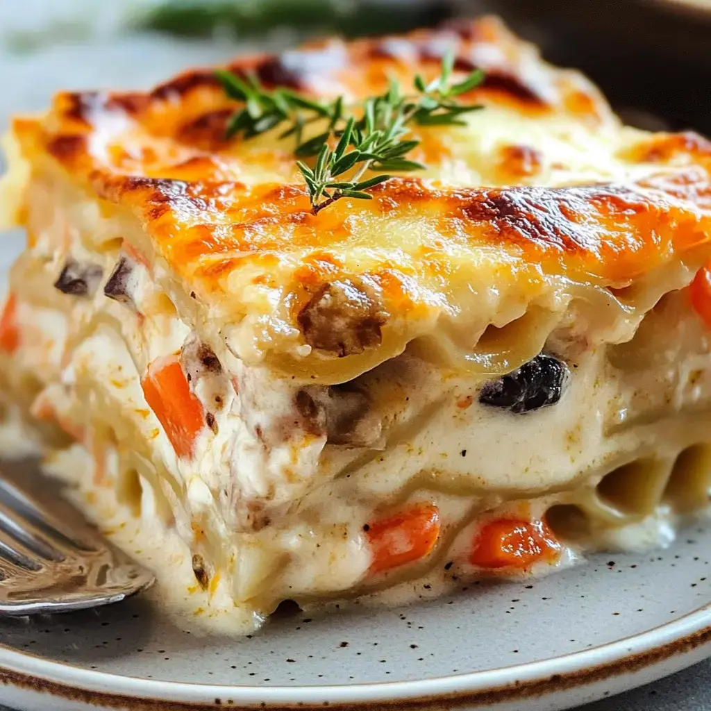 A close-up of a slice of lasagna layered with meat, vegetables, and creamy sauce, garnished with a sprig of thyme on top.