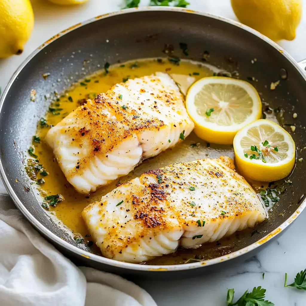 Pan-seared fish fillets garnished with parsley and accompanied by lemon slices in a skillet.