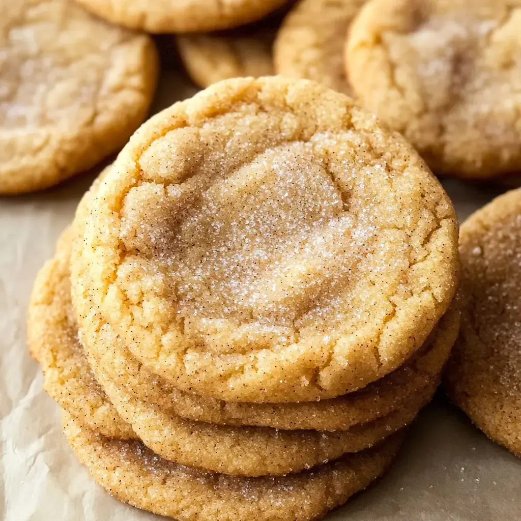 A stack of golden brown cookies sprinkled with sugar, resting on parchment paper.