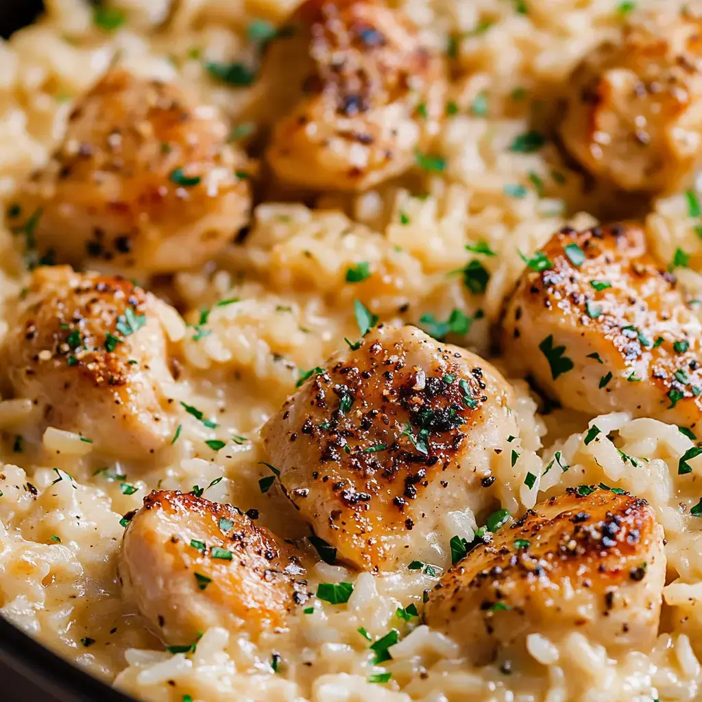 A close-up image of creamy risotto topped with seared chicken pieces and garnished with chopped parsley.