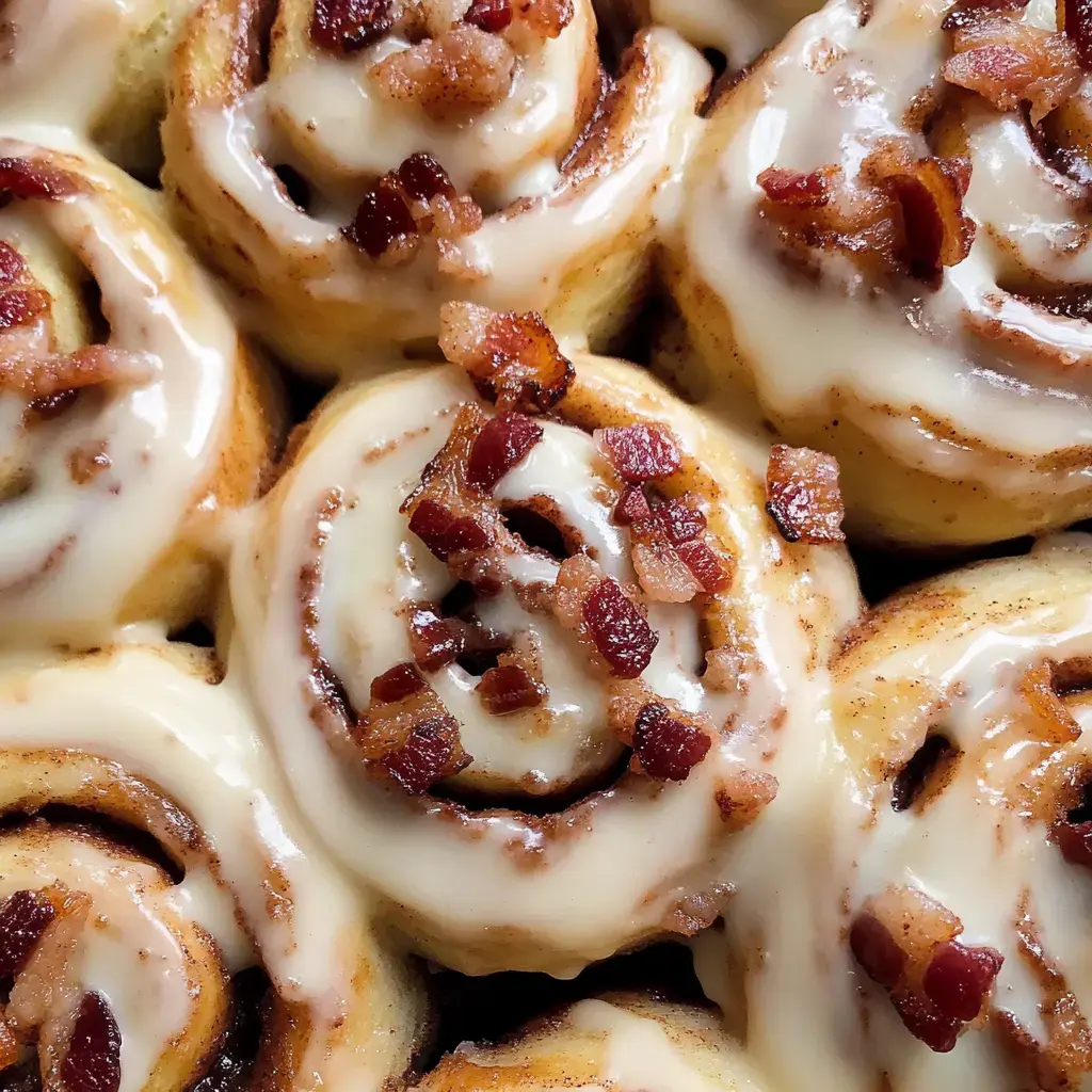 A close-up of cinnamon rolls topped with cream cheese icing and bits of crispy bacon.