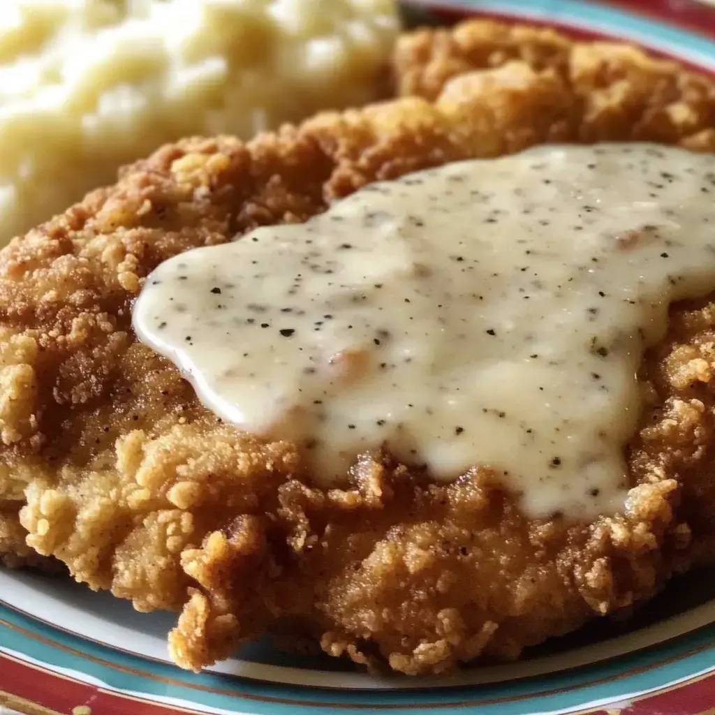 A close-up of a fried chicken cutlet topped with creamy gravy, served alongside a portion of mashed potatoes on a colorful plate.