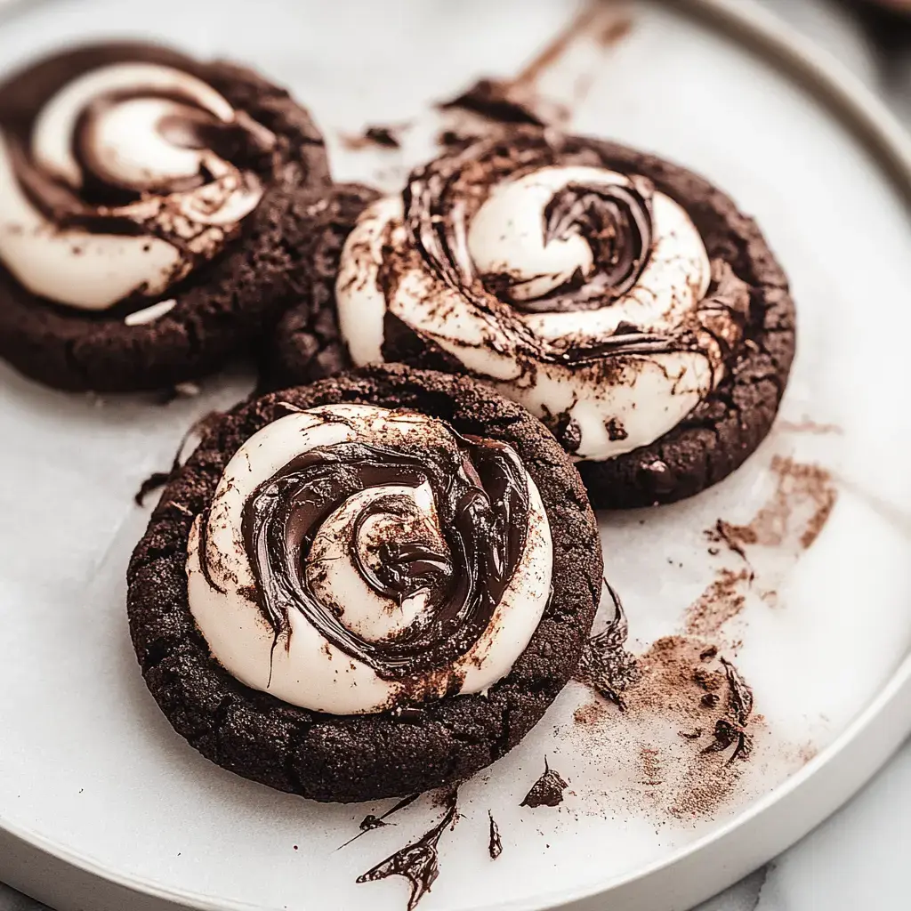 Three chocolate cookies are topped with swirls of white frosting and drizzled chocolate, resting on a white plate with chocolate smudges around them.