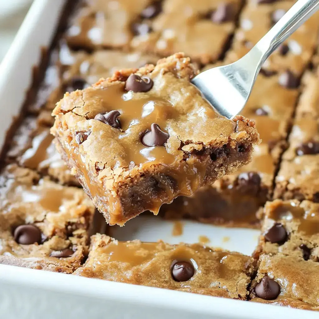 A slice of caramel chocolate chip bar dessert being lifted from a baking dish.