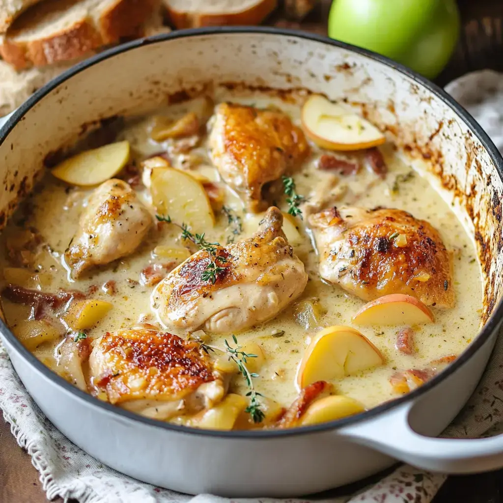 A skillet contains golden-brown chicken pieces simmering in a creamy sauce with apple slices and fresh thyme, accompanied by slices of bread and a green apple nearby.