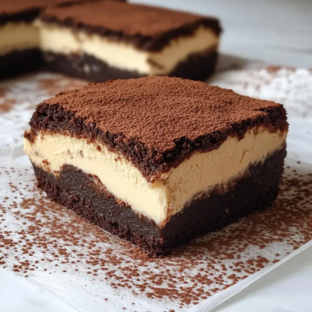 A slice of layered dessert featuring chocolate cake, coffee cream filling, and a dusting of cocoa powder on top.