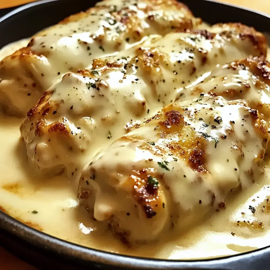 A close-up view of three golden-brown stuffed rolls drizzled with creamy sauce and sprinkled with herbs, served in a black dish.