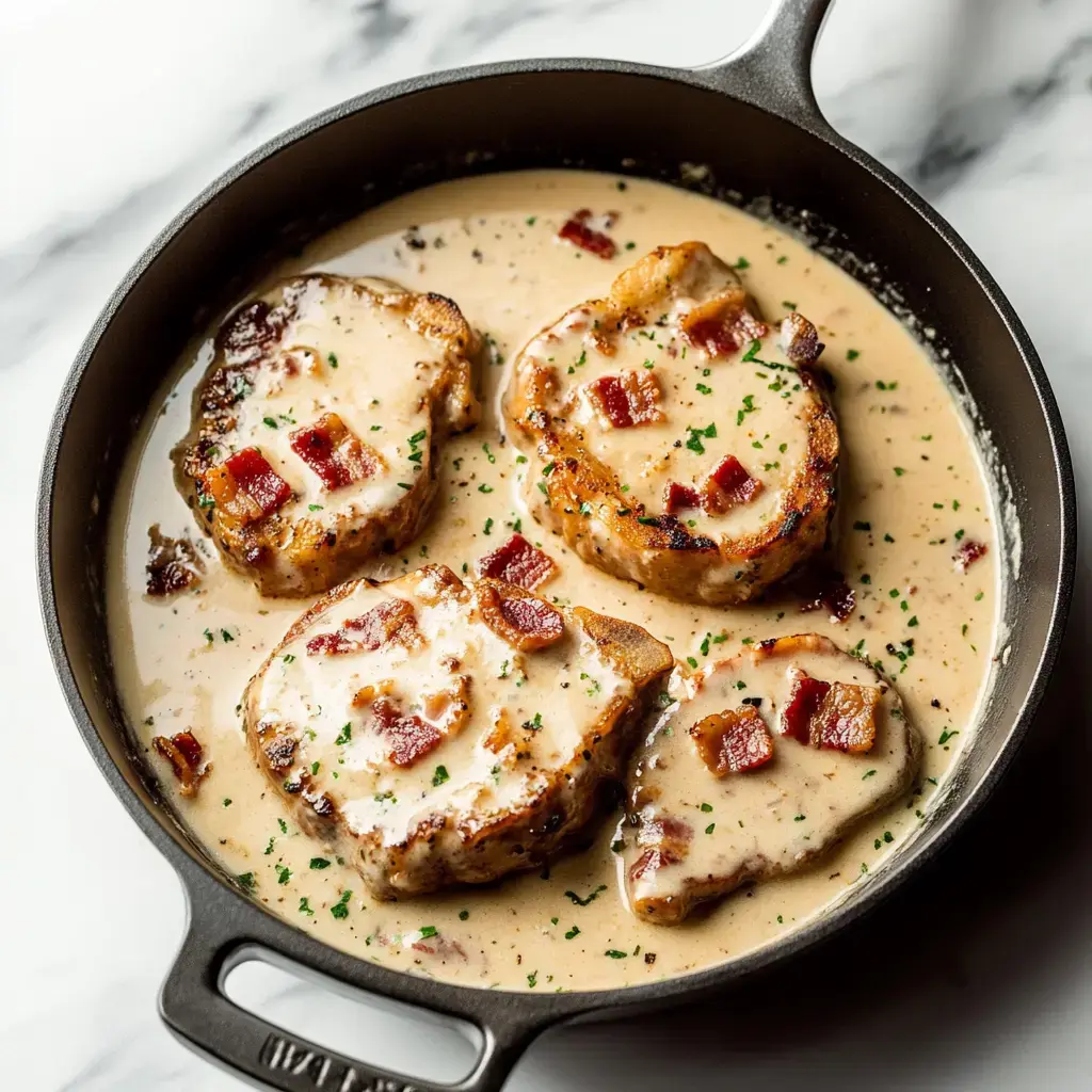 A cast iron skillet contains four pork chops in a creamy sauce, garnished with pieces of bacon and parsley.