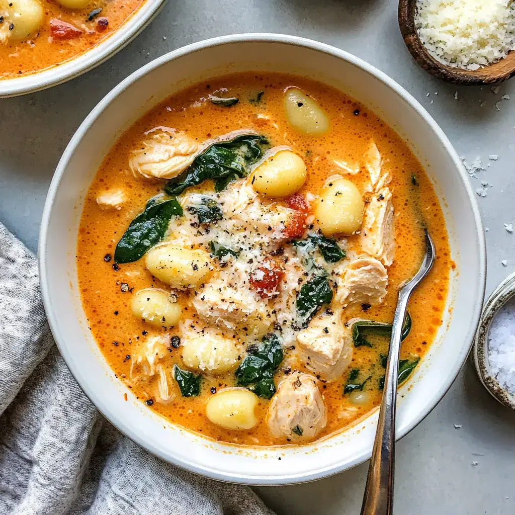 A creamy chicken and gnocchi soup garnished with spinach and herbs in a white bowl.