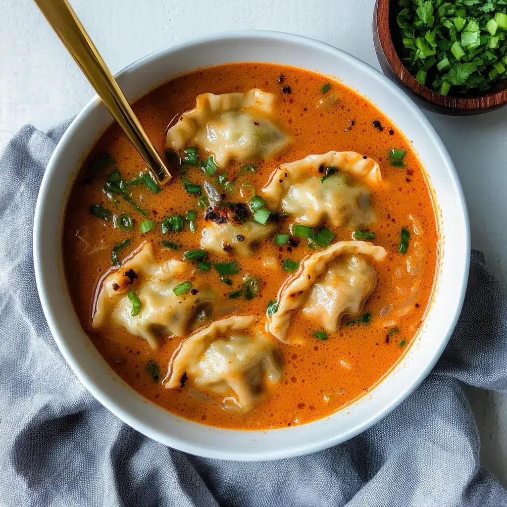 A bowl of spicy soup with dumplings, topped with green onions and served with a gold spoon.