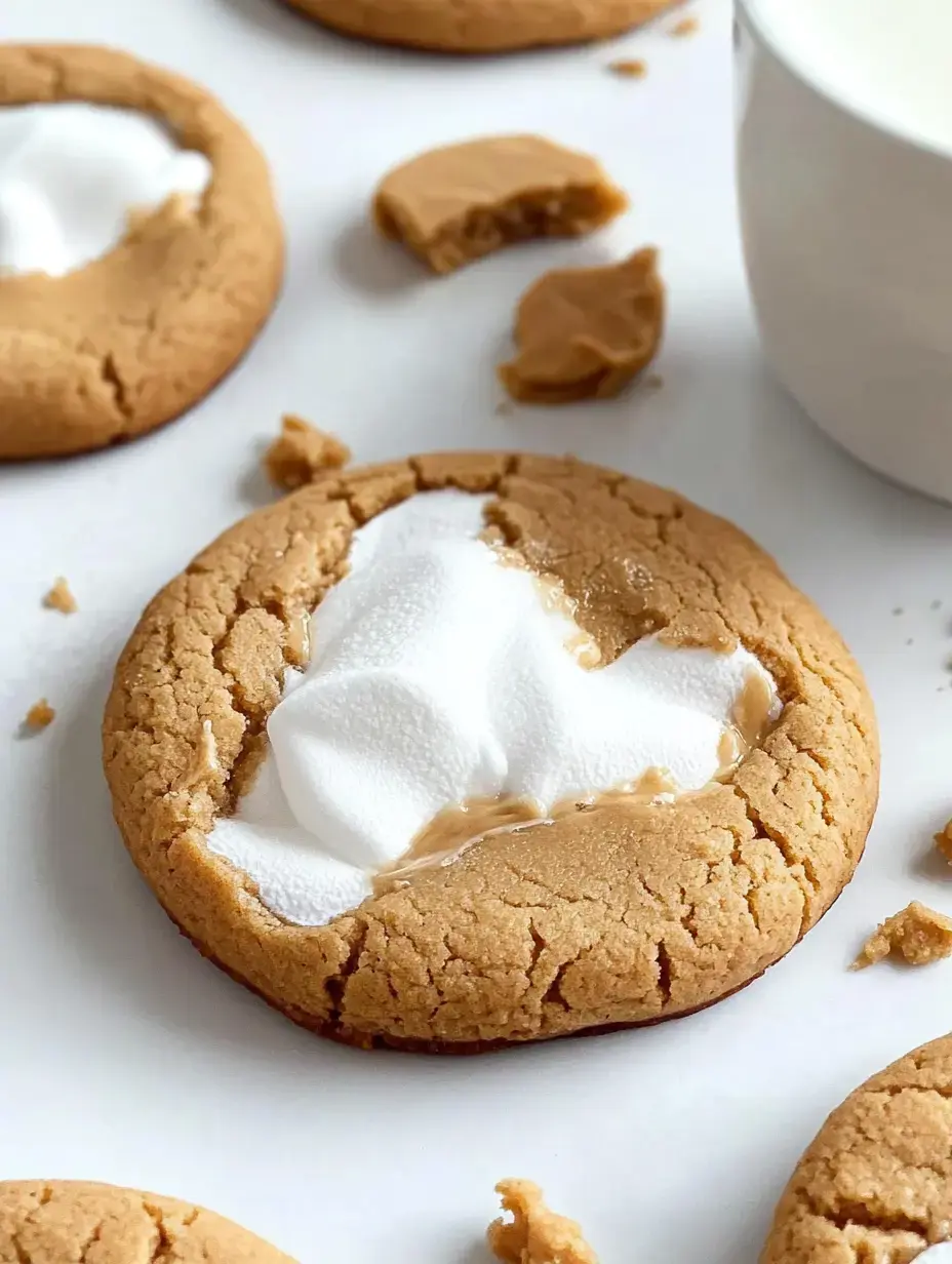 A close-up of peanut butter cookies topped with whipped cream, surrounded by scattered cookie pieces and a cup of milk.