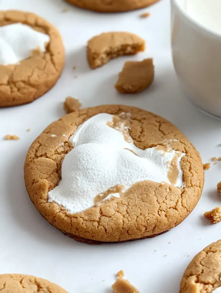 A close-up of a peanut butter cookie with a creamy white filling, surrounded by broken pieces and a cup of milk in the background.