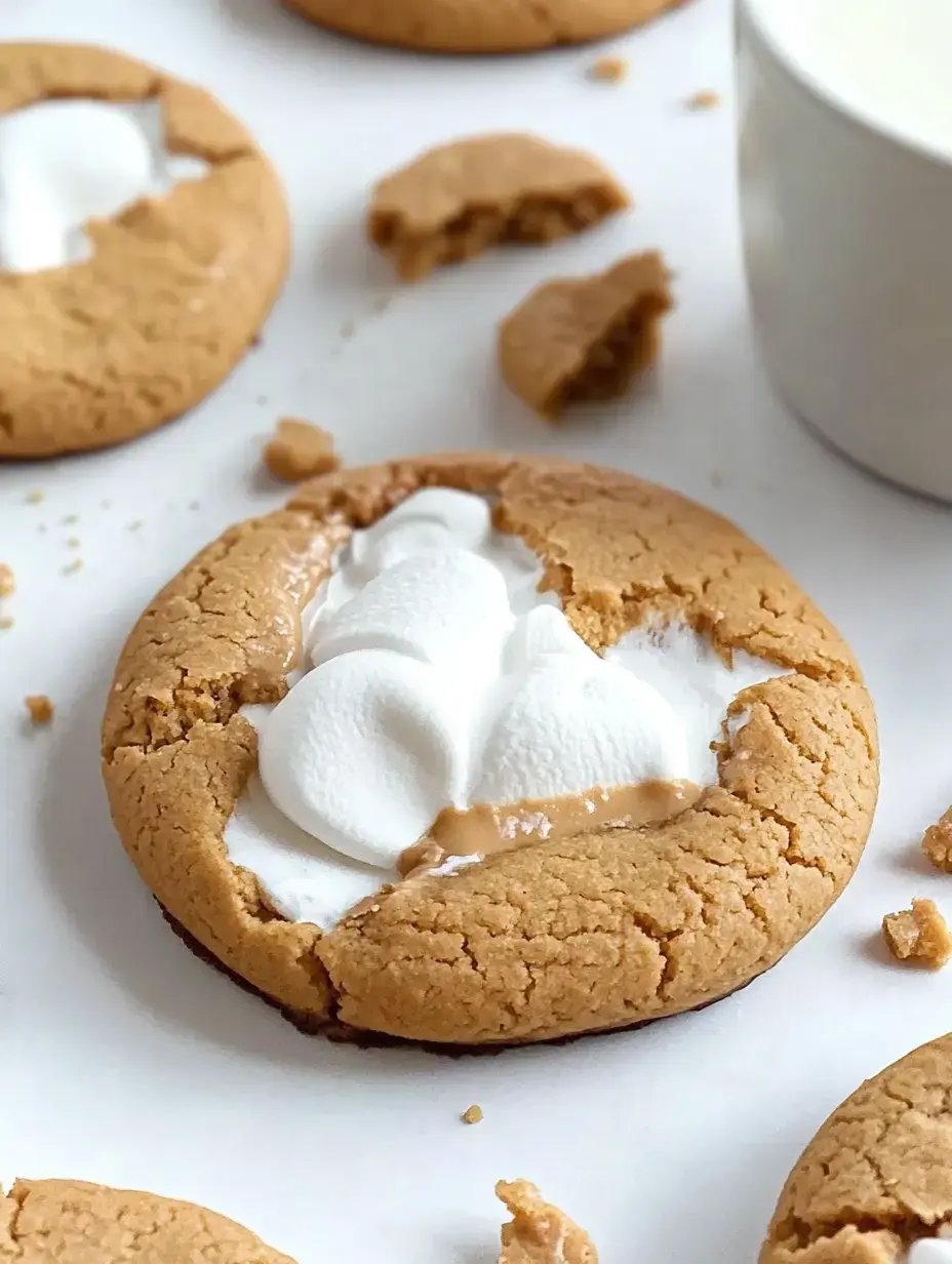 A close-up of a broken peanut butter cookie filled with marshmallow fluff, surrounded by additional intact cookies and a small cup of milk.