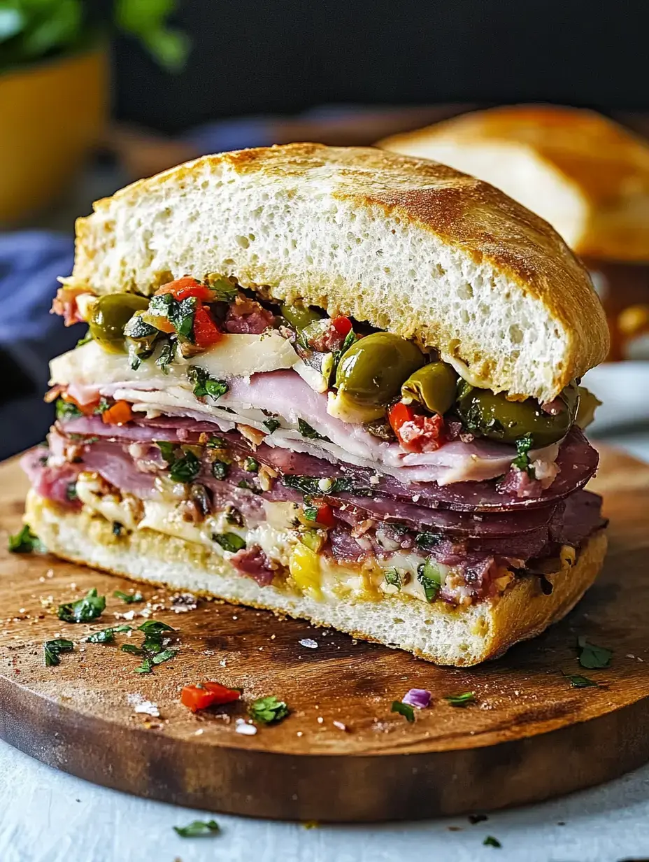 A close-up of a stacked sandwich filled with various meats, cheese, and vegetables, served on a wooden cutting board.