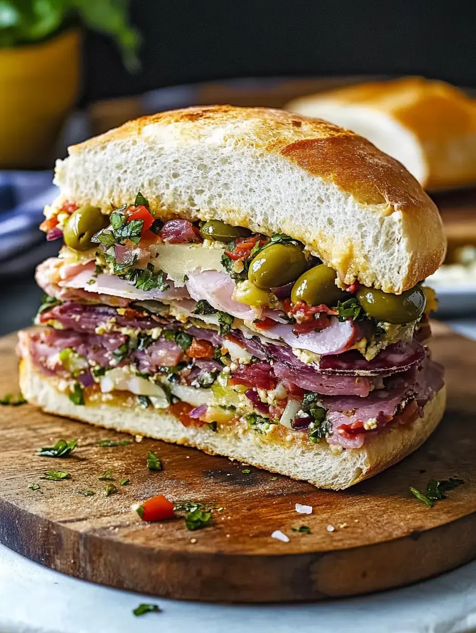 A cross-section of a large sandwich stacked with layers of deli meats, cheese, olives, and herbs, served on a wooden board.