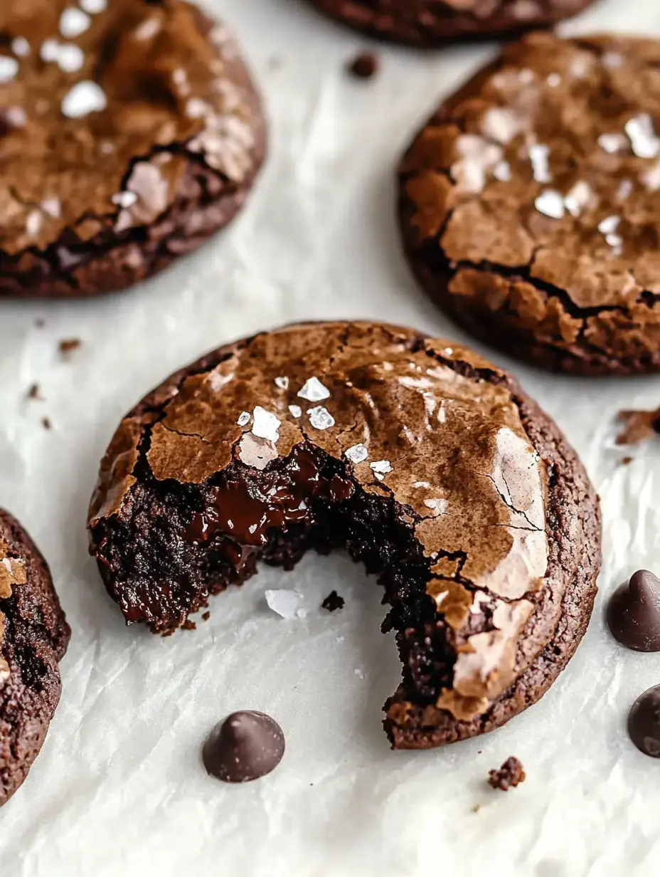 A close-up of chewy chocolate cookies with a bite taken out, revealing melted chocolate inside, sprinkled with coarse salt on top.