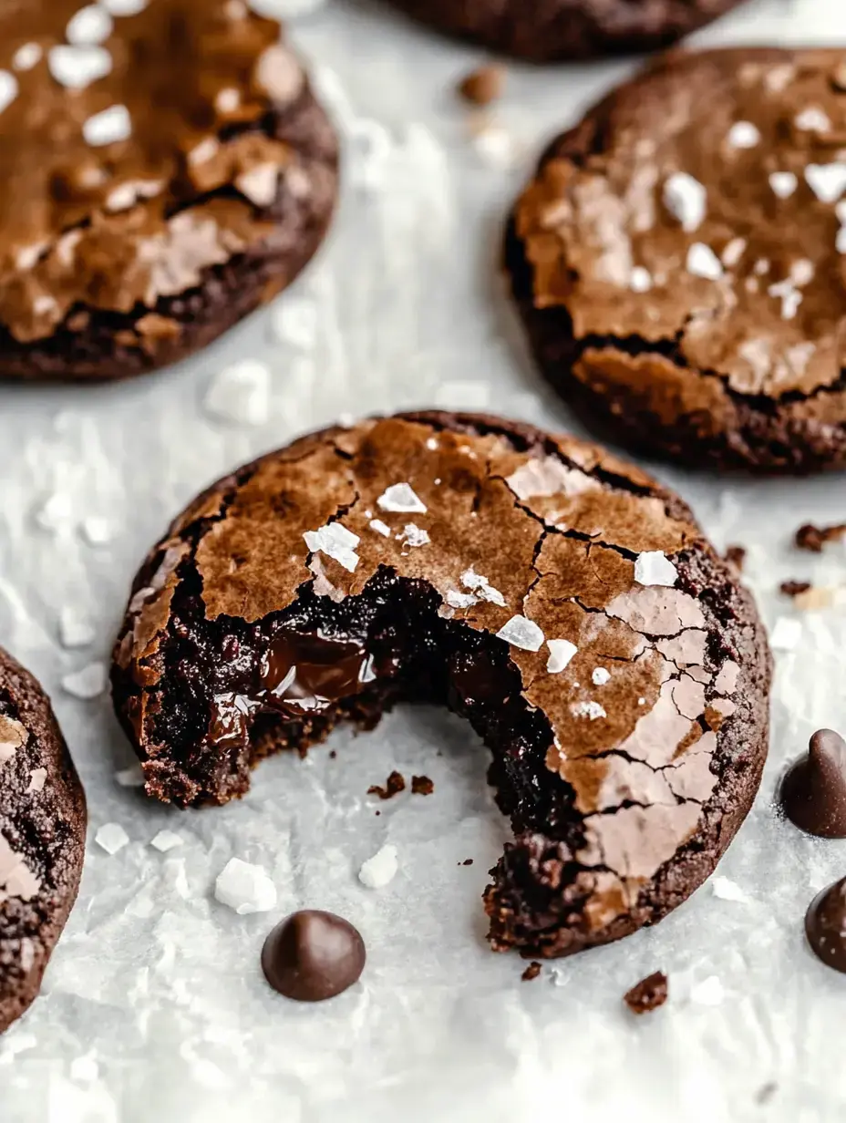 A close-up of chocolate cookies with a bite taken out, revealing gooey chocolate inside and topped with coarse sea salt on a parchment paper background.