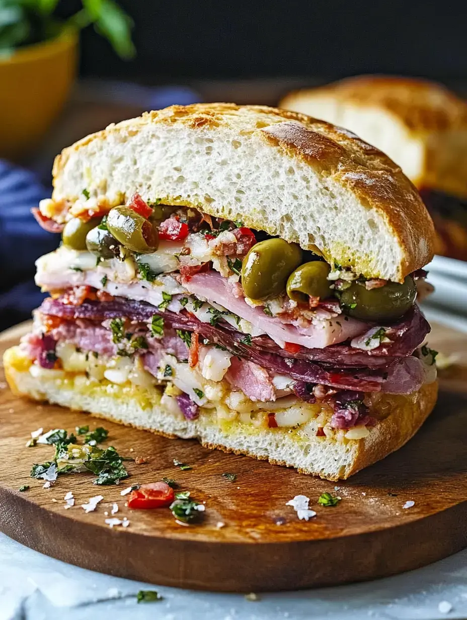 A close-up of a multi-layered sandwich filled with various meats, olives, and herbs, presented on a wooden board.