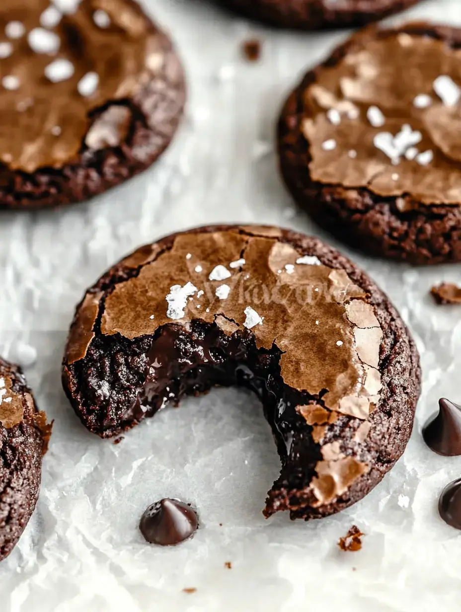 A close-up of chocolate cookies with a bite taken out, showcasing a gooey center and sprinkled with sea salt, surrounded by chocolate chips on parchment paper.