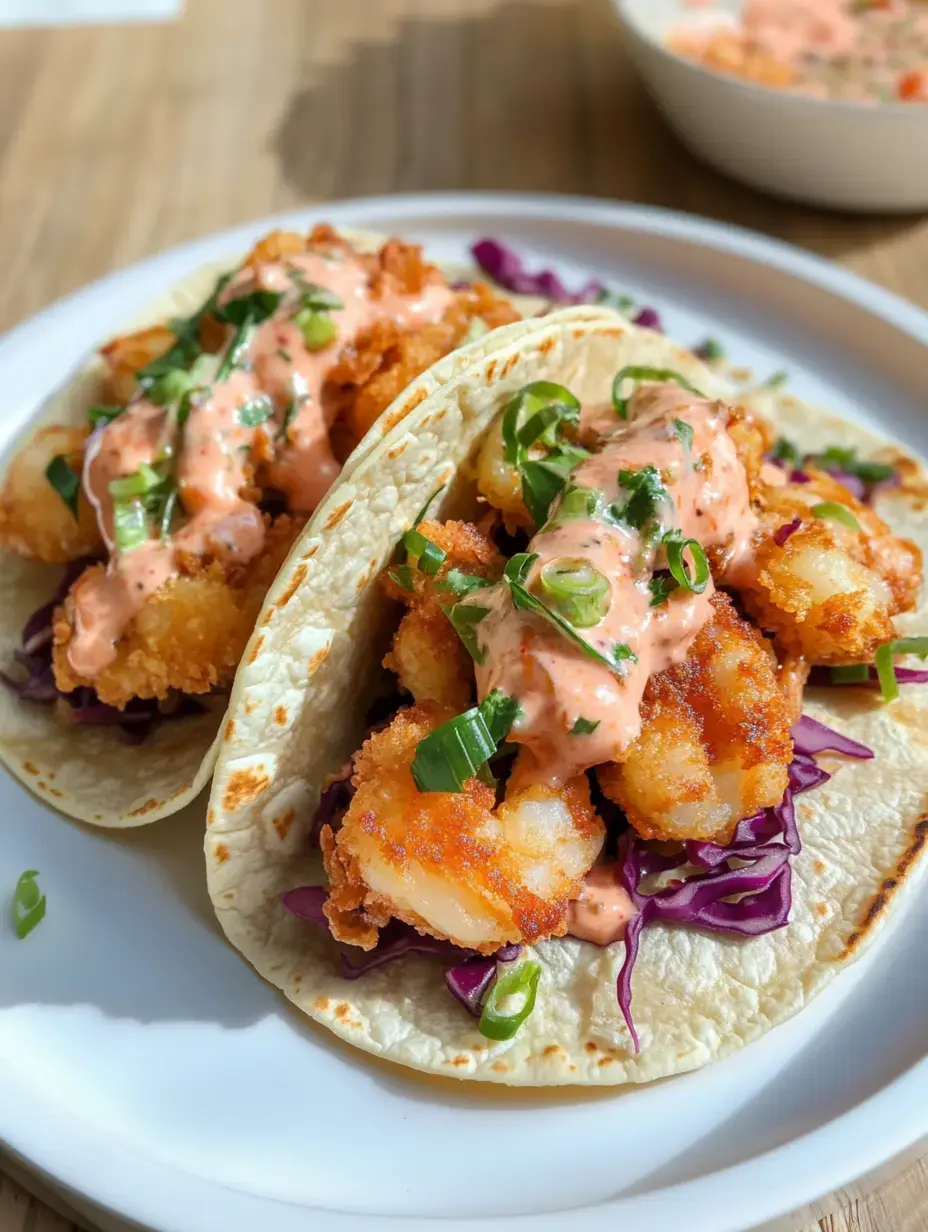 Two tacos filled with crispy shrimp, red cabbage, and topped with a creamy sauce and chopped green onions, served on a white plate.