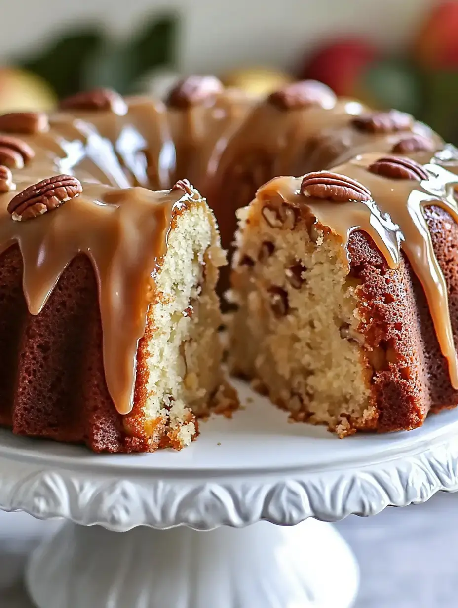 A sliced bundt cake topped with caramel glaze and pecans sits on a decorative white cake stand.